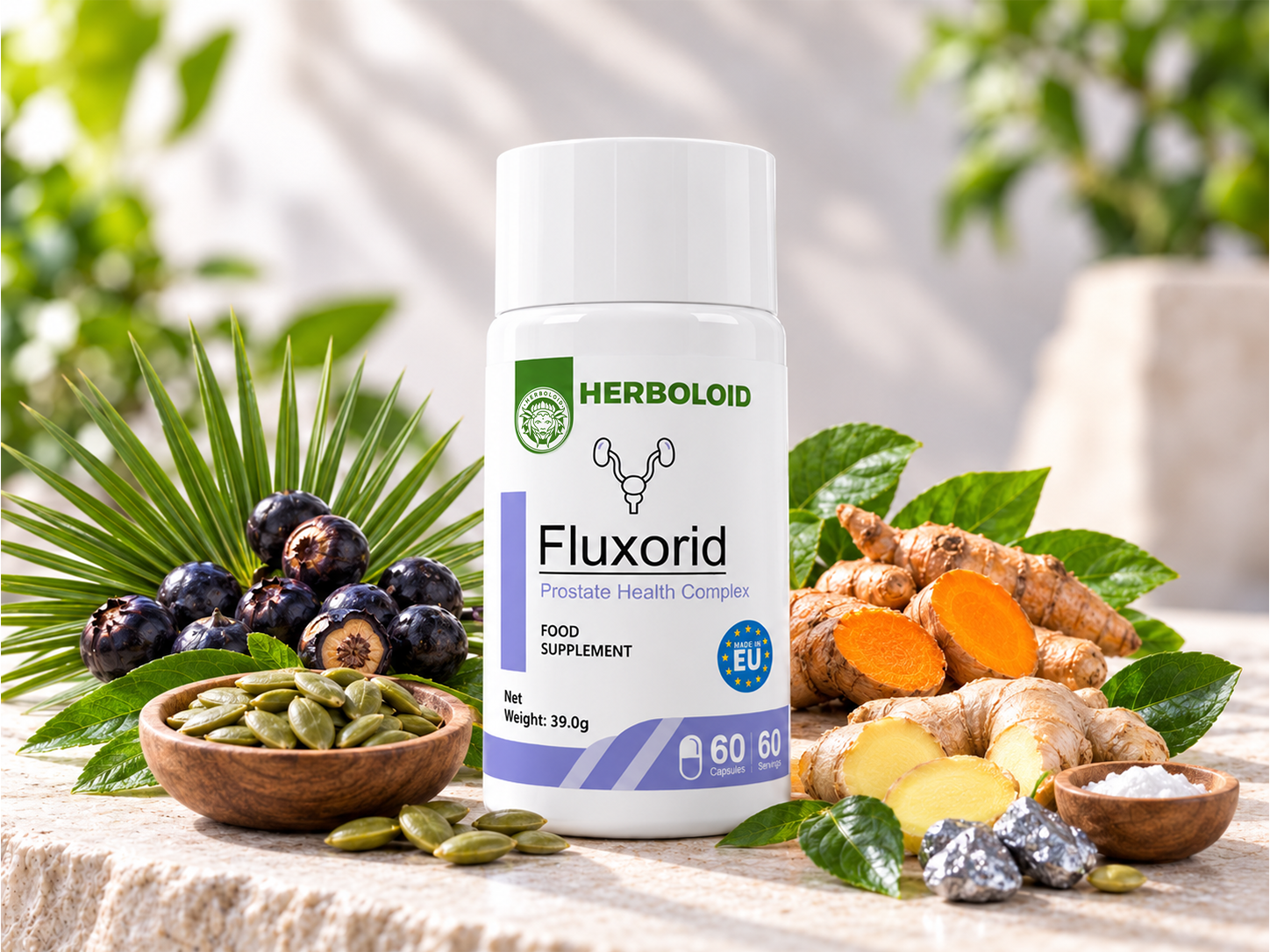 Fluxorid bottle surrounded by pumpkin seeds, saw palmetto berries, turmeric, ginger and mineral stones